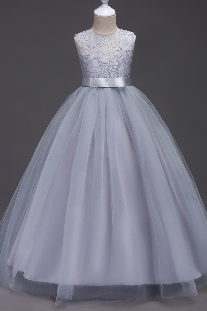 Light Gray Lace Round Neck Mesh Bow A-line Dress