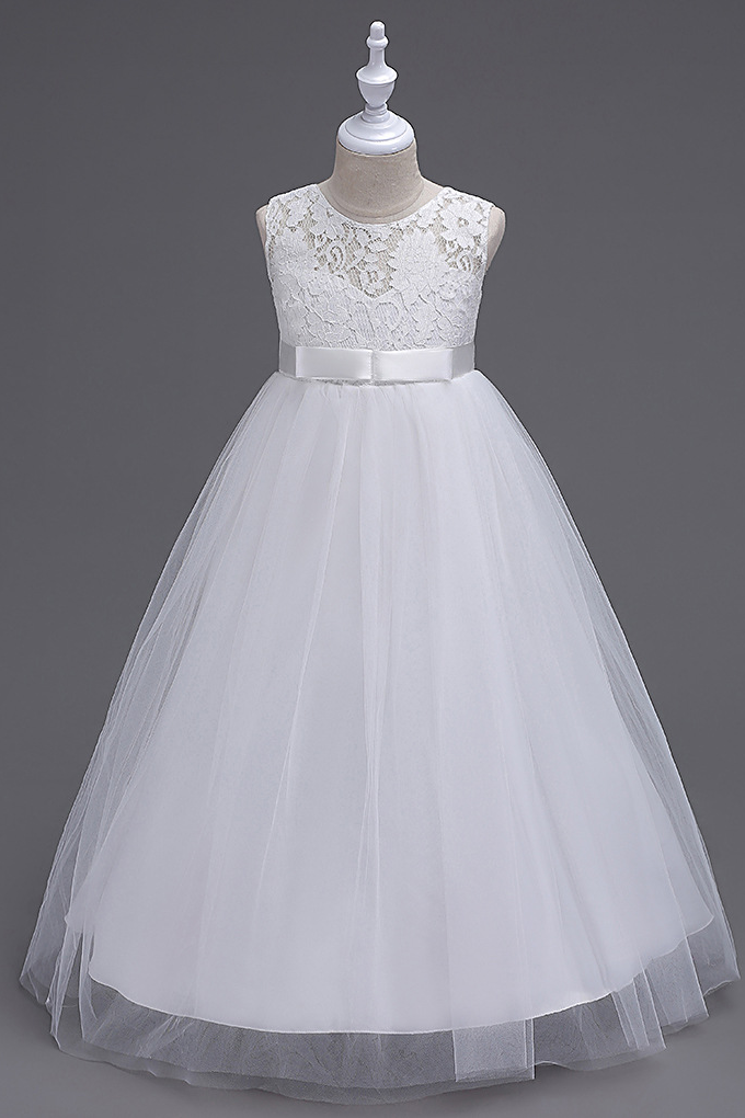Light Gray Lace Round Neck Mesh Bow A-line Dress