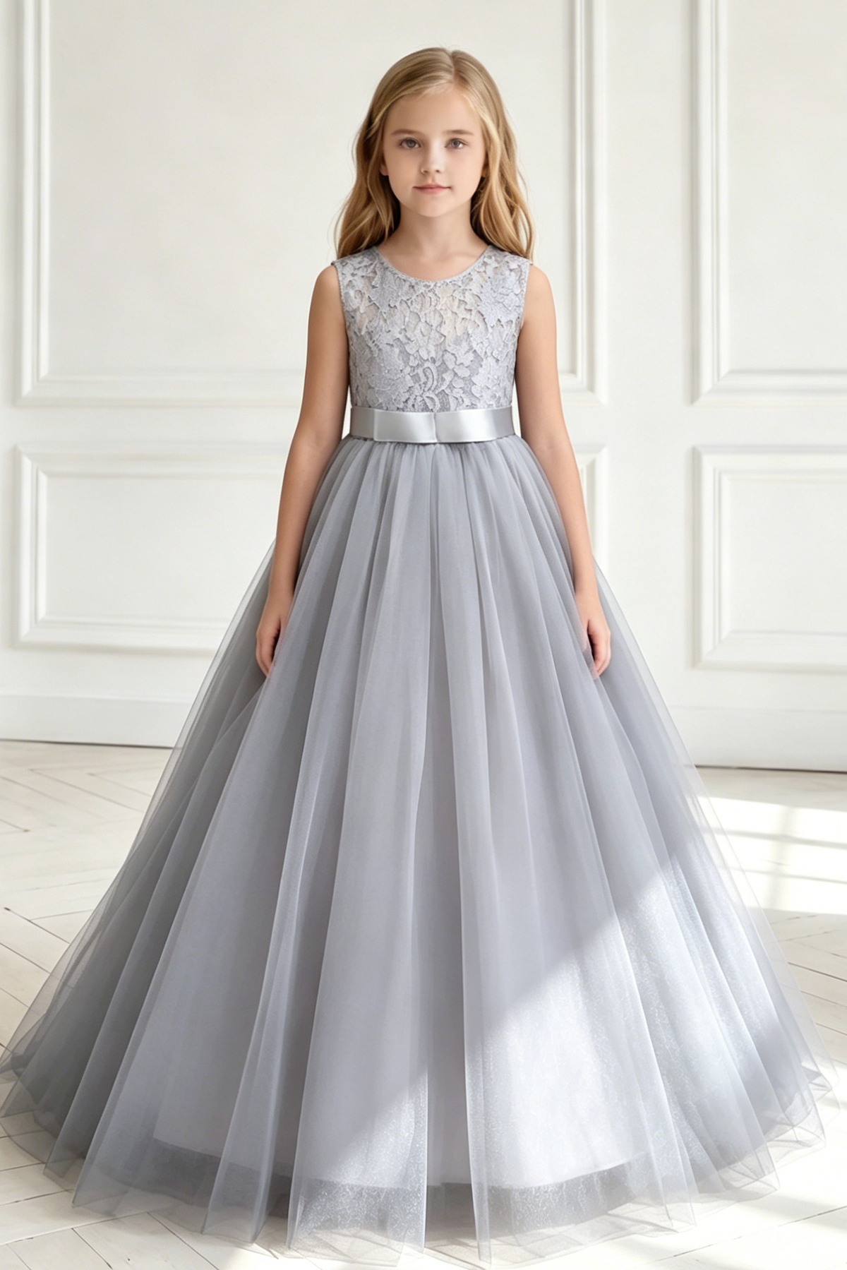 Light Gray Lace Round Neck Mesh Bow A-line Dress