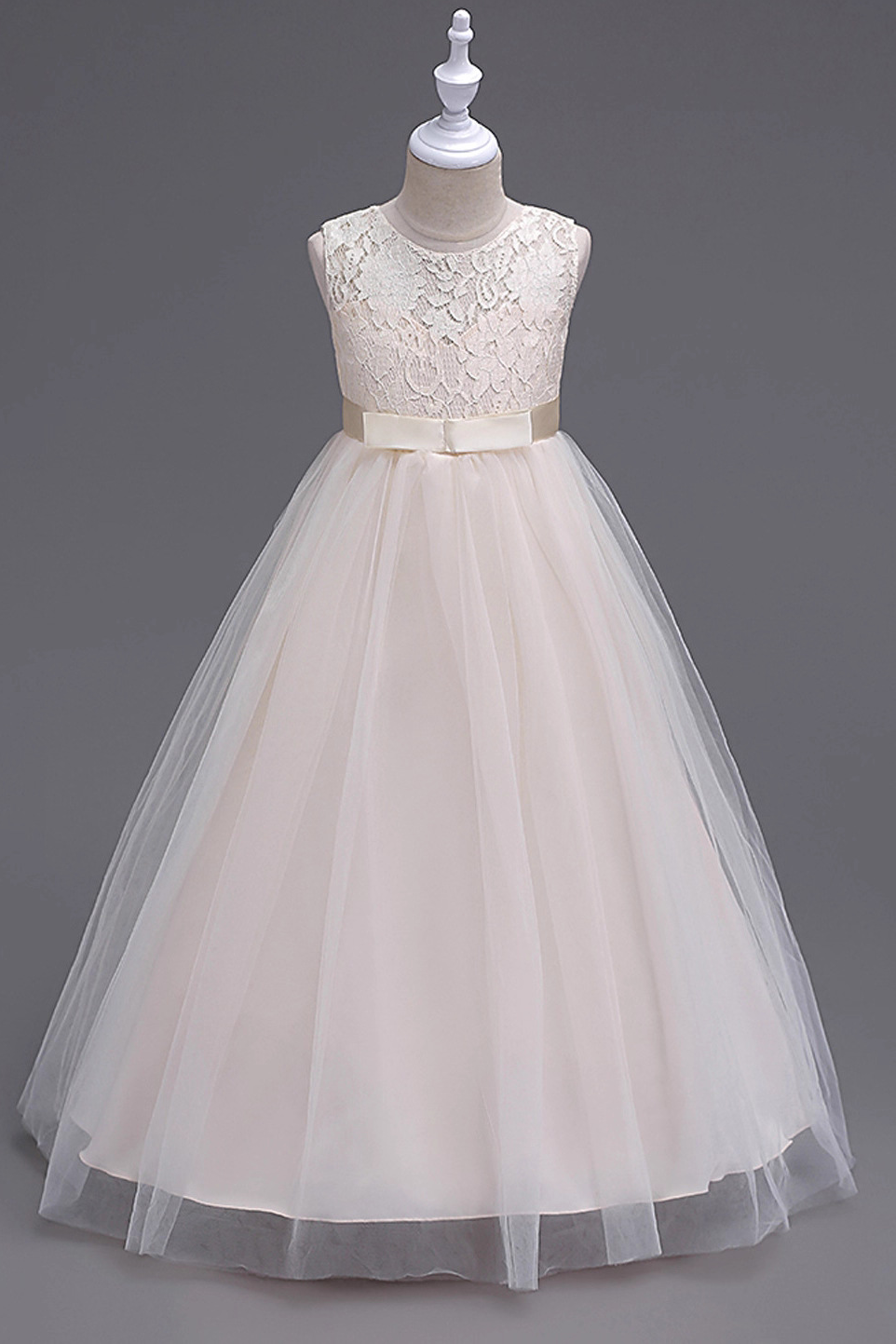 Light Gray Lace Round Neck Mesh Bow A-line Dress