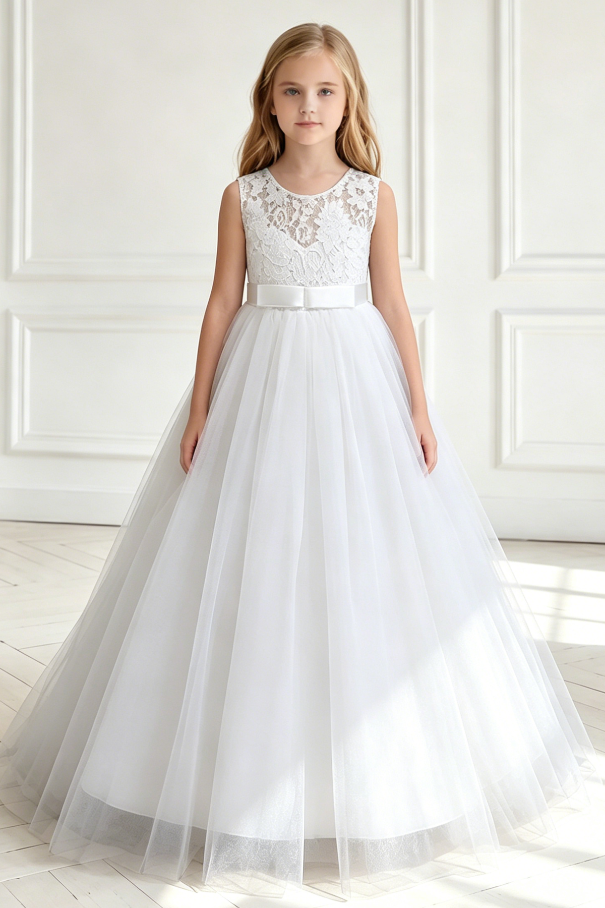 Light Gray Lace Round Neck Mesh Bow A-line Dress