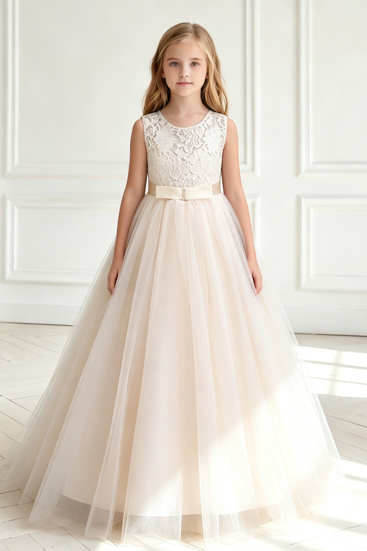 Light Gray Lace Round Neck Mesh Bow A-line Dress