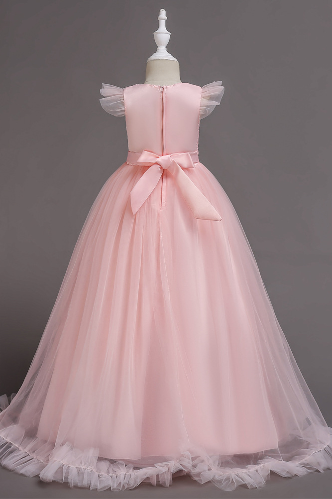Light Pink Lace Mesh Round Neck A-line Long Dress