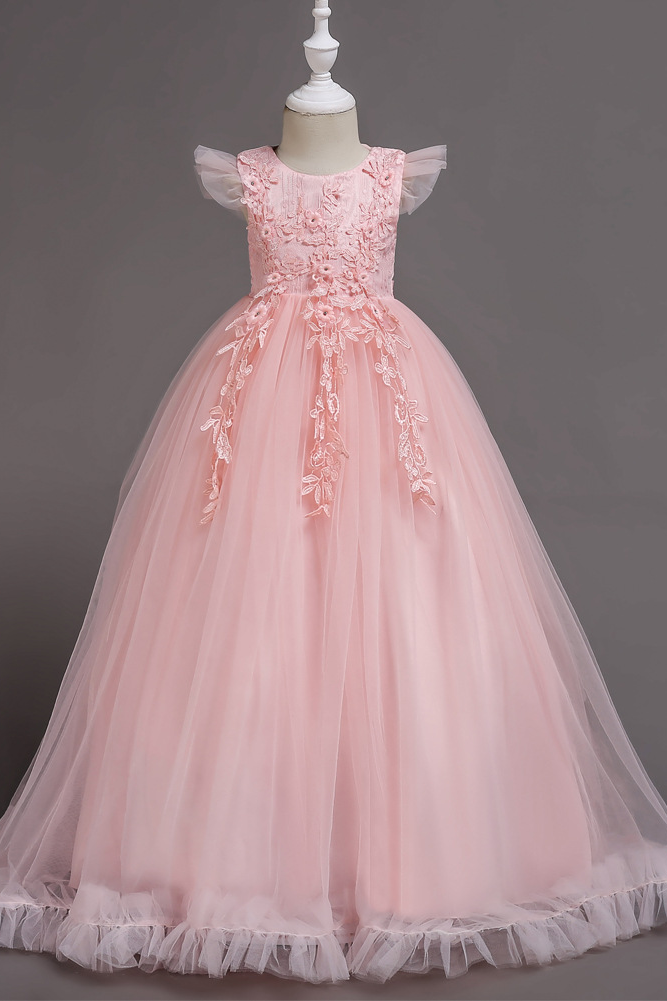Light Pink Lace Mesh Round Neck A-line Long Dress