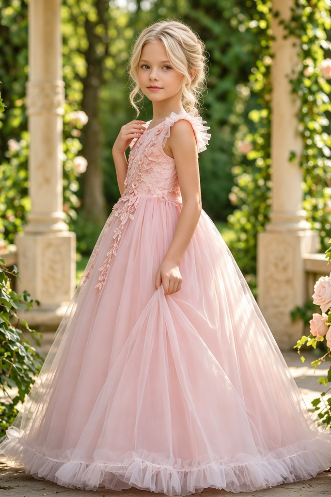 Light Pink Lace Mesh Round Neck A-line Long Dress