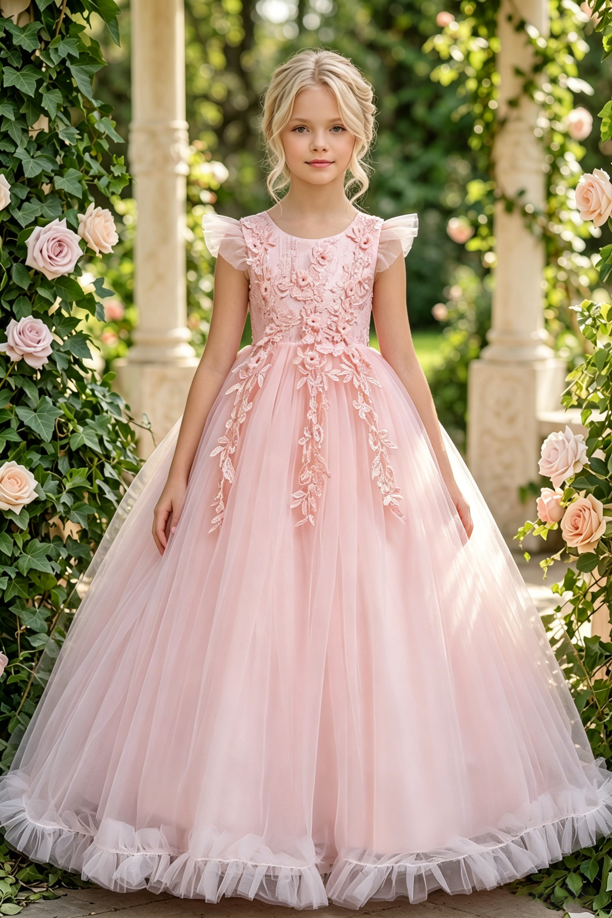 Light Pink Lace Mesh Round Neck A-line Long Dress
