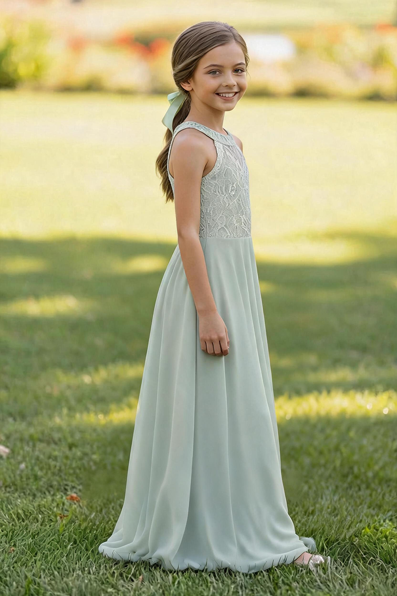 Girls Sage Green Lace & Chiffon Halter Gown for Weddings & Formal Events