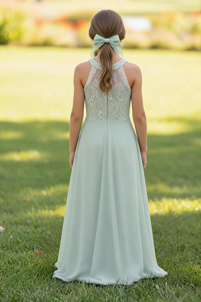 Girls Sage Green Lace & Chiffon Halter Gown for Weddings & Formal Events