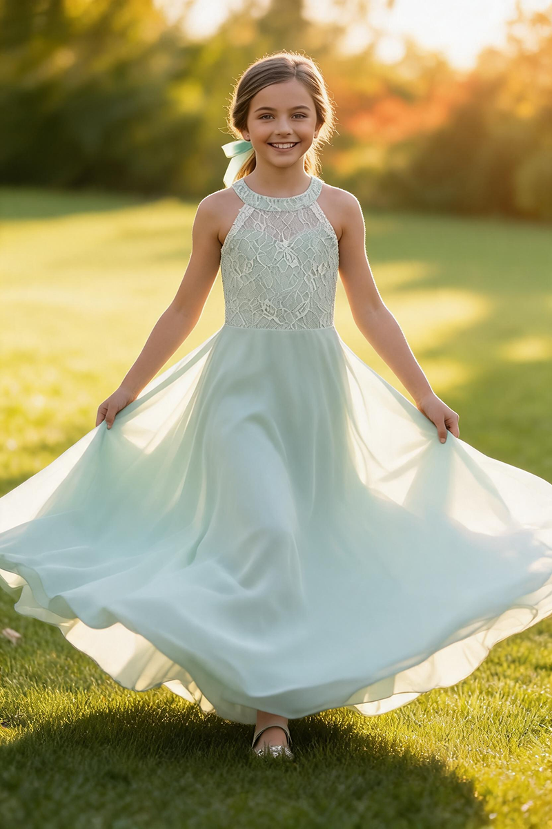 Girls Sage Green Lace & Chiffon Halter Gown for Weddings & Formal Events