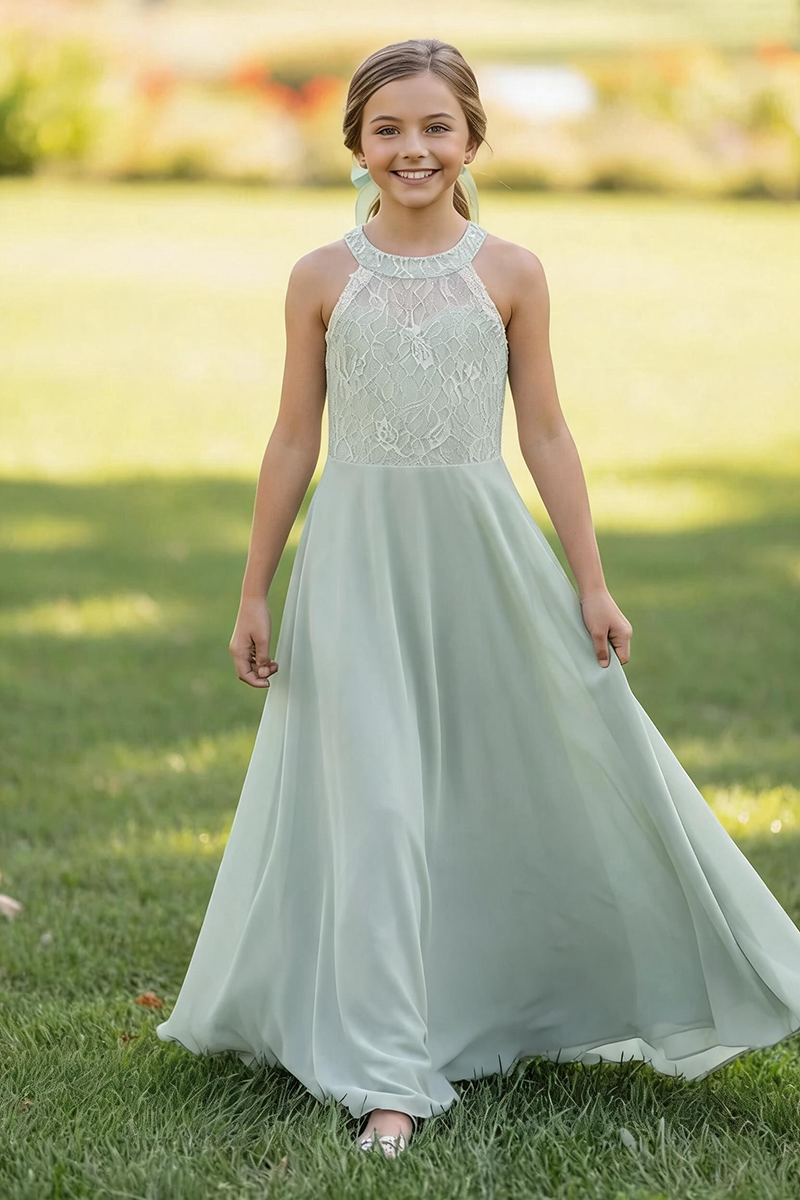 Girls Sage Green Lace & Chiffon Halter Gown for Weddings & Formal Events