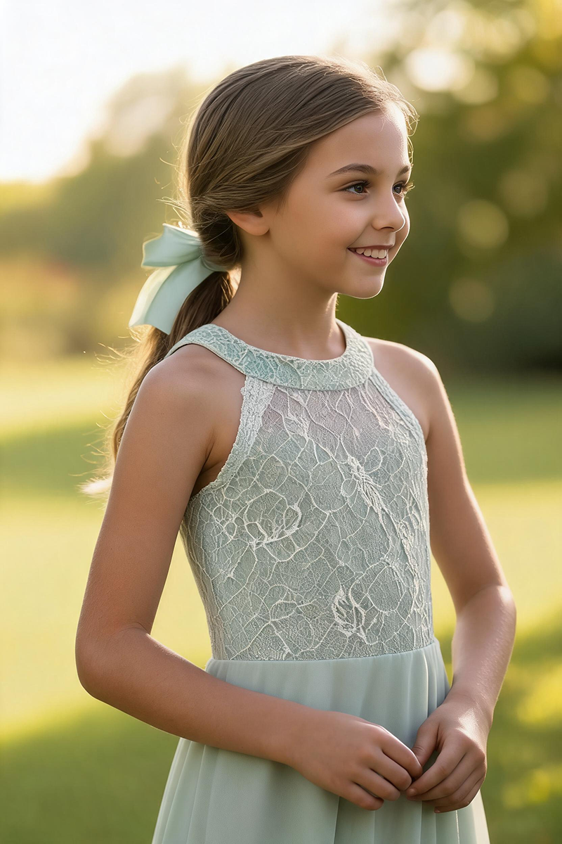 Girls Sage Green Lace & Chiffon Halter Gown for Weddings & Formal Events