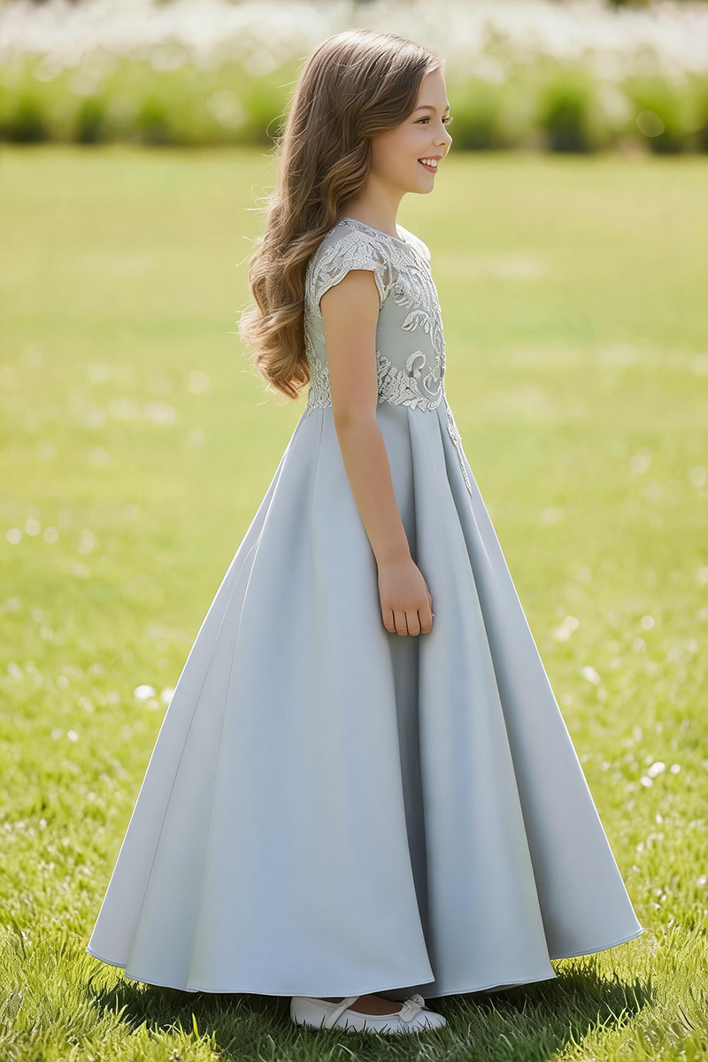 Girls Silver Lace & Satin Ball Gown for Weddings & Formal Events