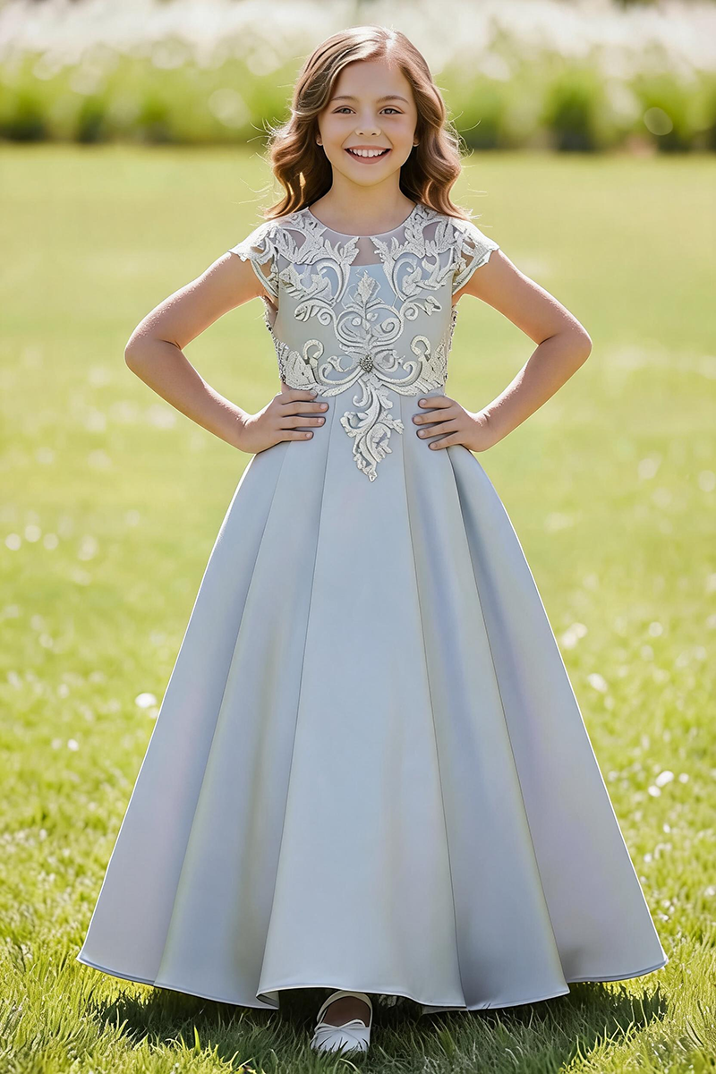 Girls Silver Lace & Satin Ball Gown for Weddings & Formal Events