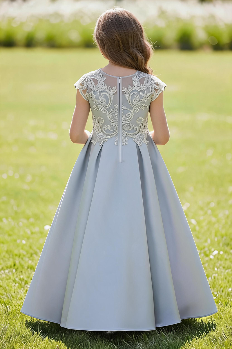 Girls Silver Lace & Satin Ball Gown for Weddings & Formal Events