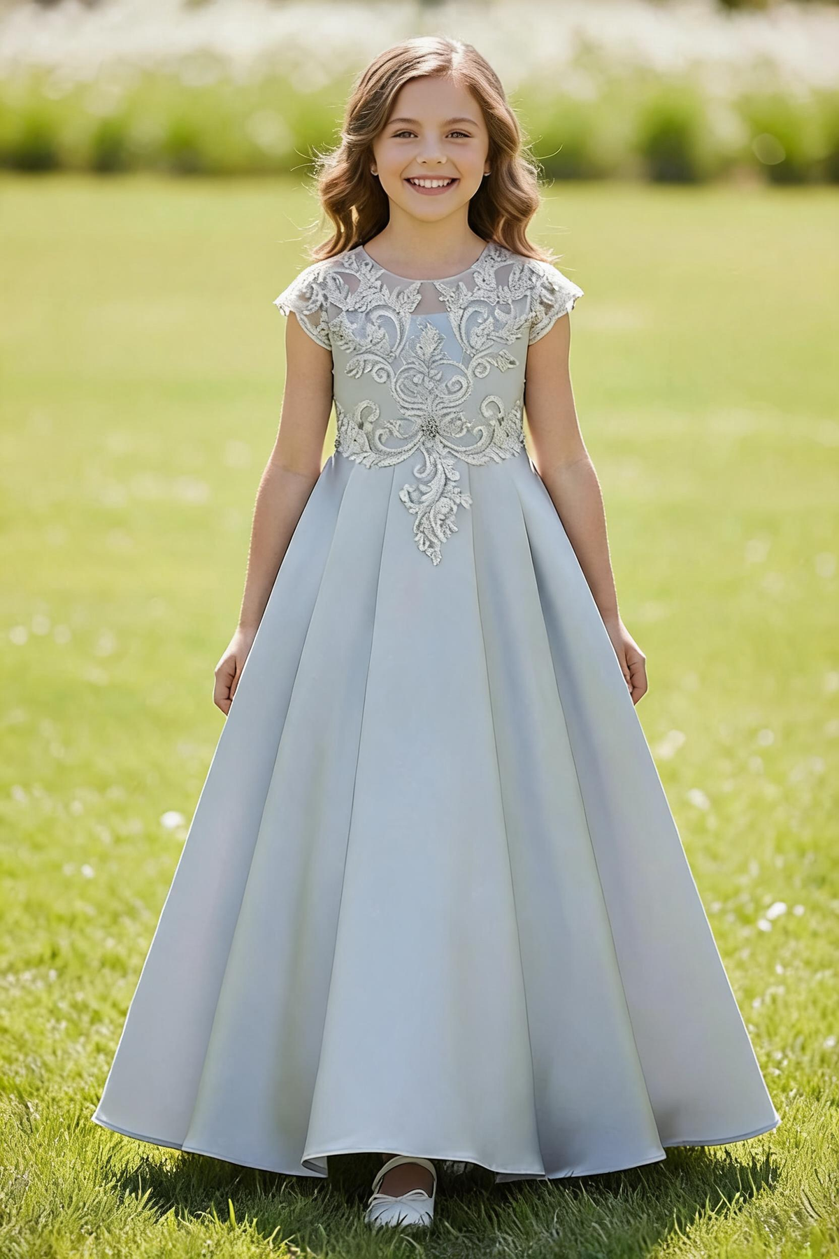 Girls Silver Lace & Satin Ball Gown for Weddings & Formal Events