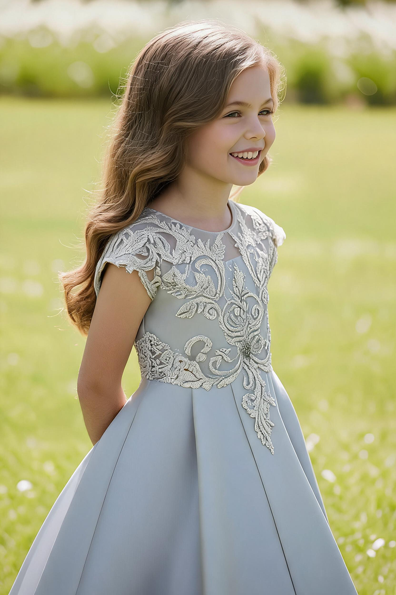 Girls Silver Lace & Satin Ball Gown for Weddings & Formal Events