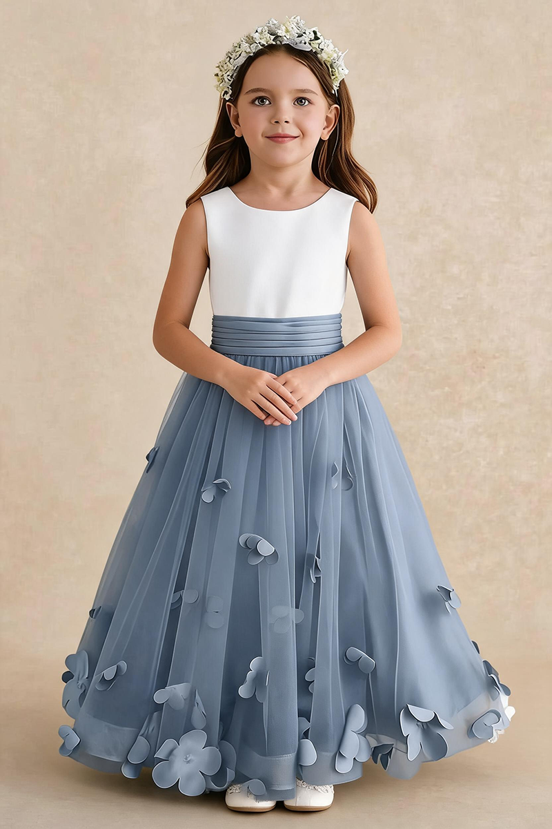 Girls White & Dusty Blue Tulle Flower Dress for Weddings & Formal Events