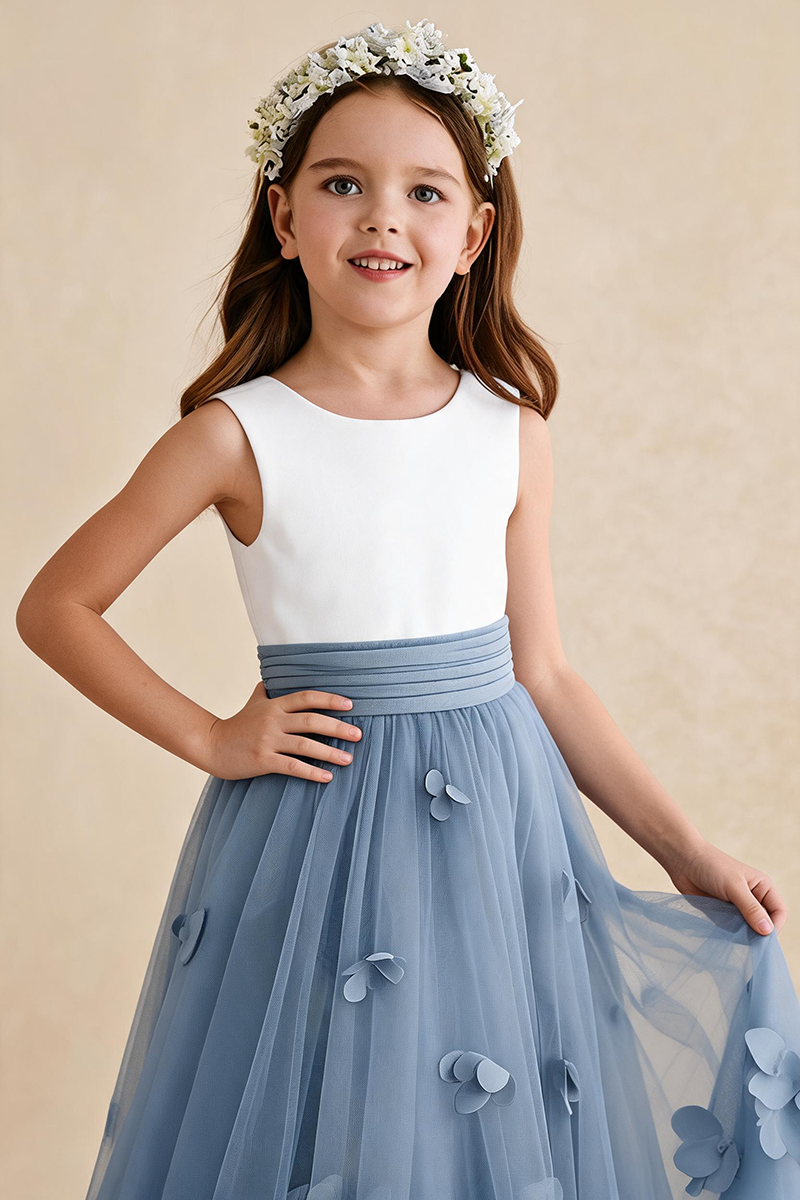Girls White & Dusty Blue Tulle Flower Dress for Weddings & Formal Events