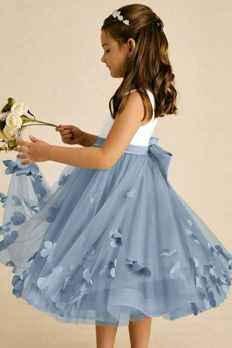 Girls White & Dusty Blue Tulle Flower Dress for Weddings & Formal Events