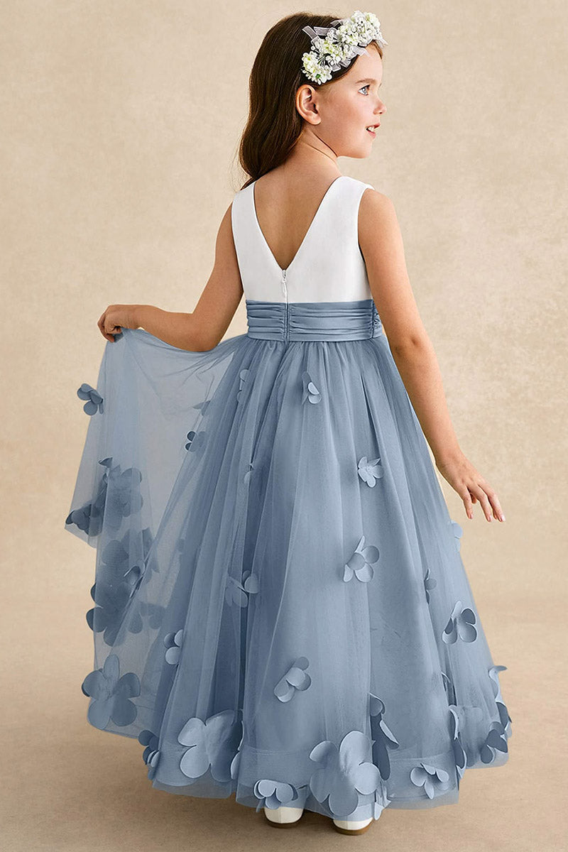 Girls White & Dusty Blue Tulle Flower Dress for Weddings & Formal Events