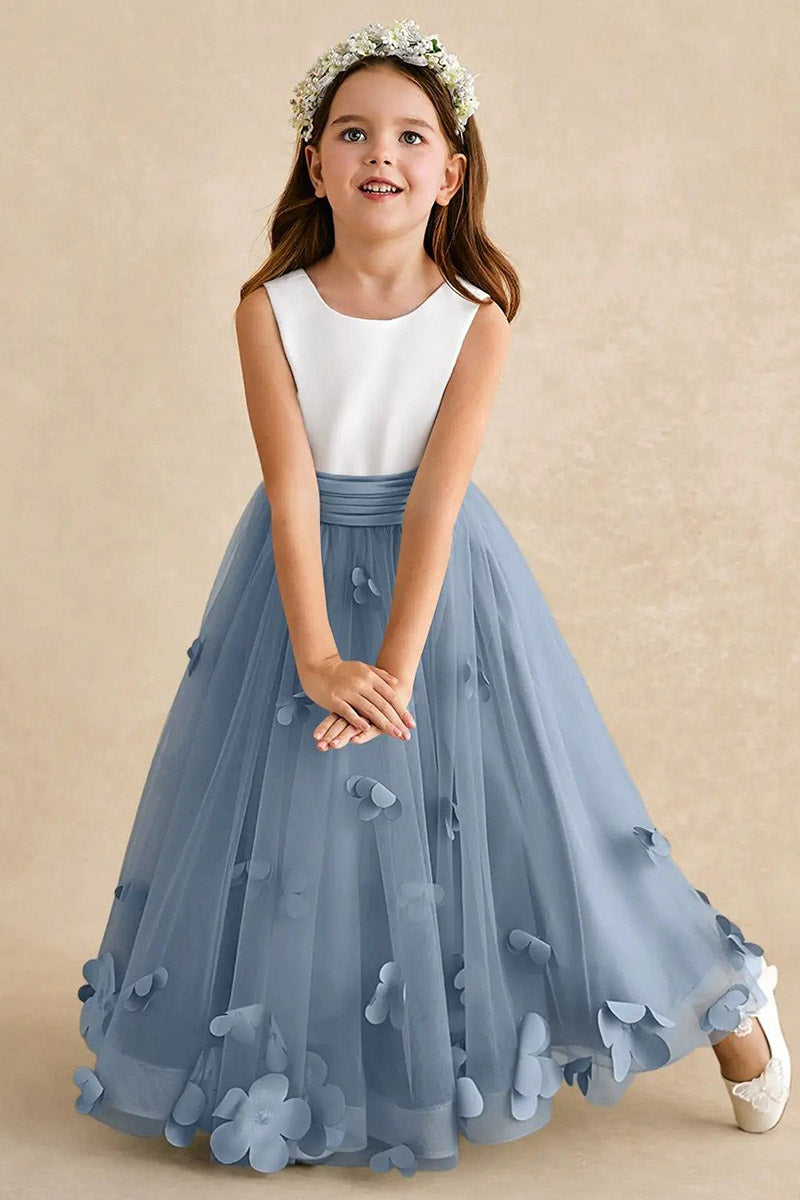 Girls White & Dusty Blue Tulle Flower Dress for Weddings & Formal Events