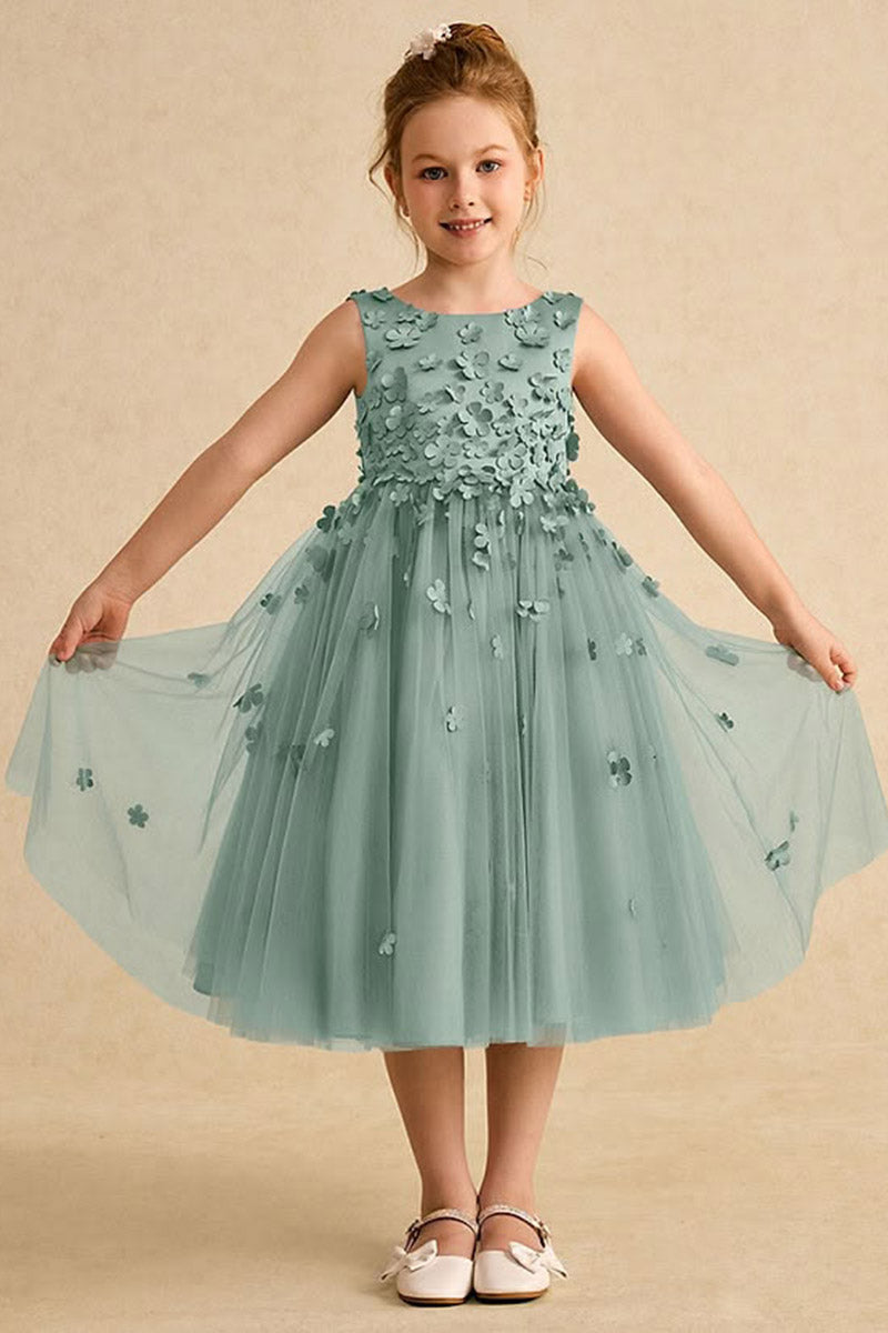 Girls Sage Green 3D Floral Tulle Dress for Weddings & Formal Events