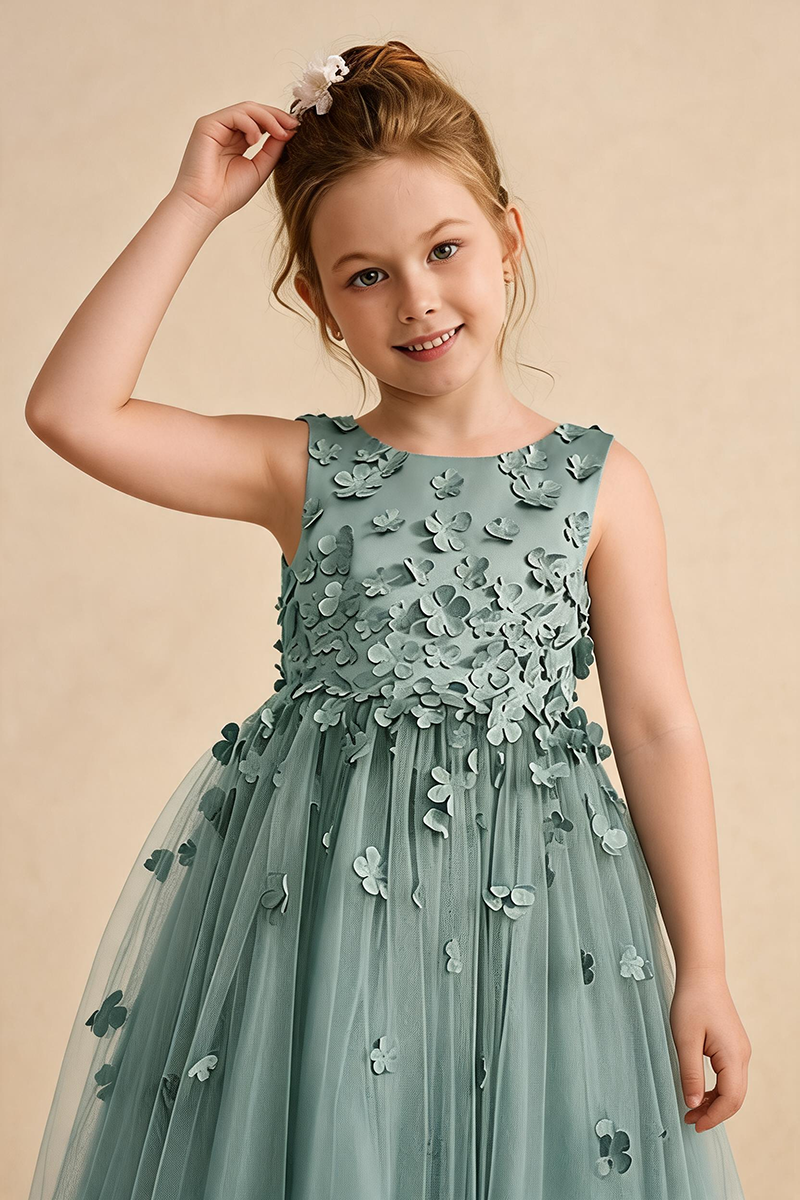 Girls Sage Green 3D Floral Tulle Dress for Weddings & Formal Events