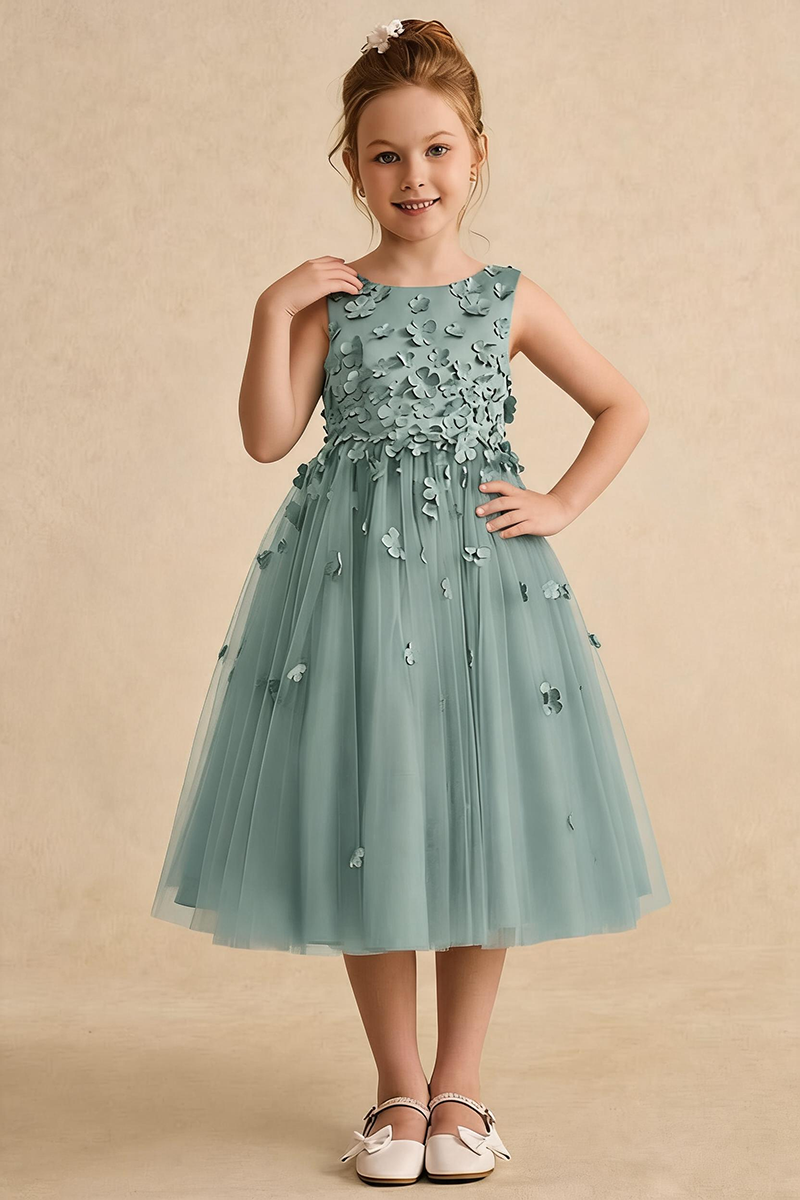 Girls Sage Green 3D Floral Tulle Dress for Weddings & Formal Events