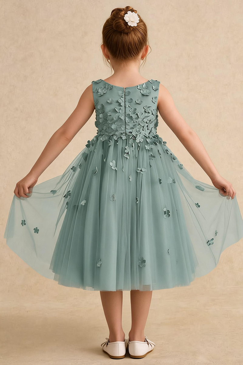 Girls Sage Green 3D Floral Tulle Dress for Weddings & Formal Events