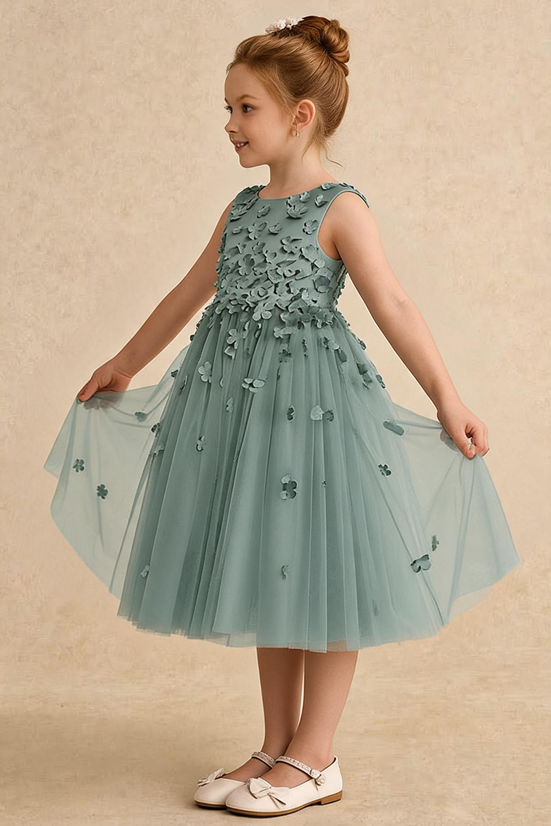 Girls Sage Green 3D Floral Tulle Dress for Weddings & Formal Events