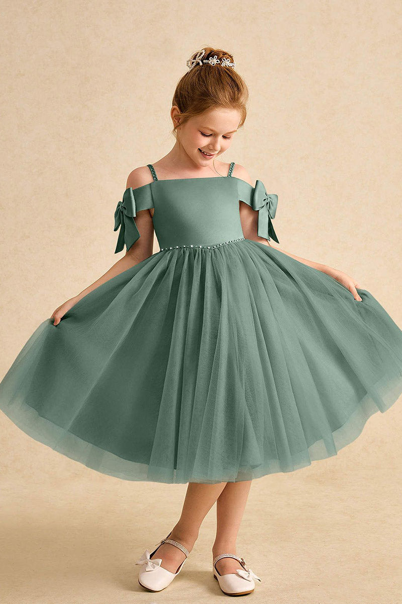 Girls Sage Green Off-Shoulder Tulle Dress with Bows for Weddings