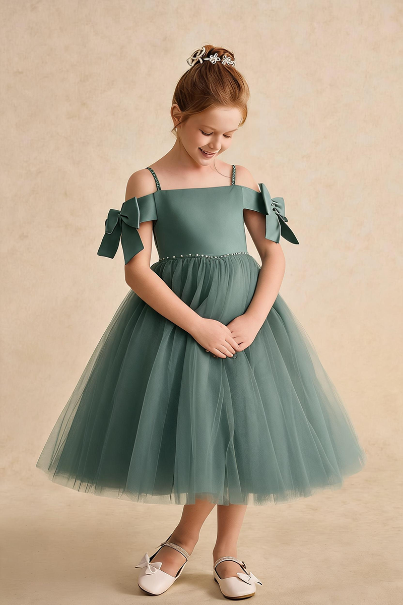 Girls Sage Green Off-Shoulder Tulle Dress with Bows for Weddings