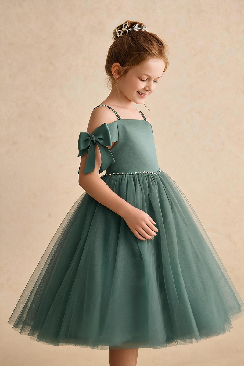 Girls Sage Green Off-Shoulder Tulle Dress with Bows for Weddings