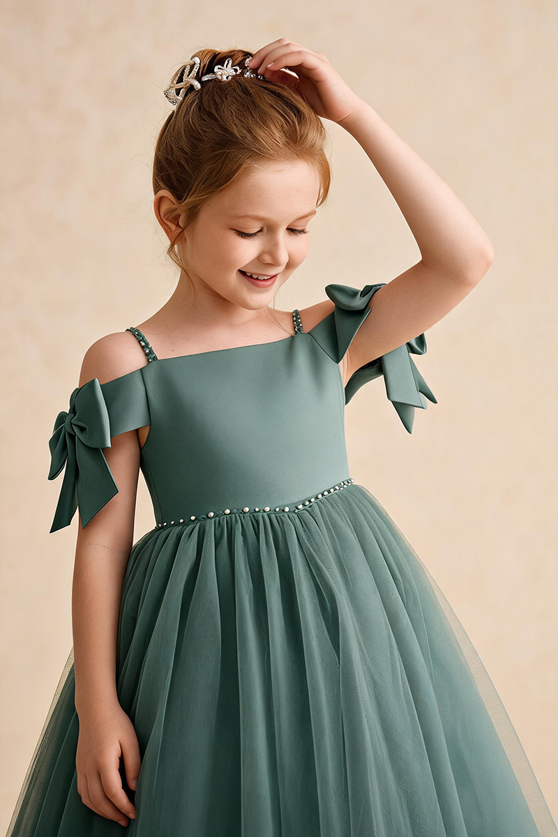 Girls Sage Green Off-Shoulder Tulle Dress with Bows for Weddings