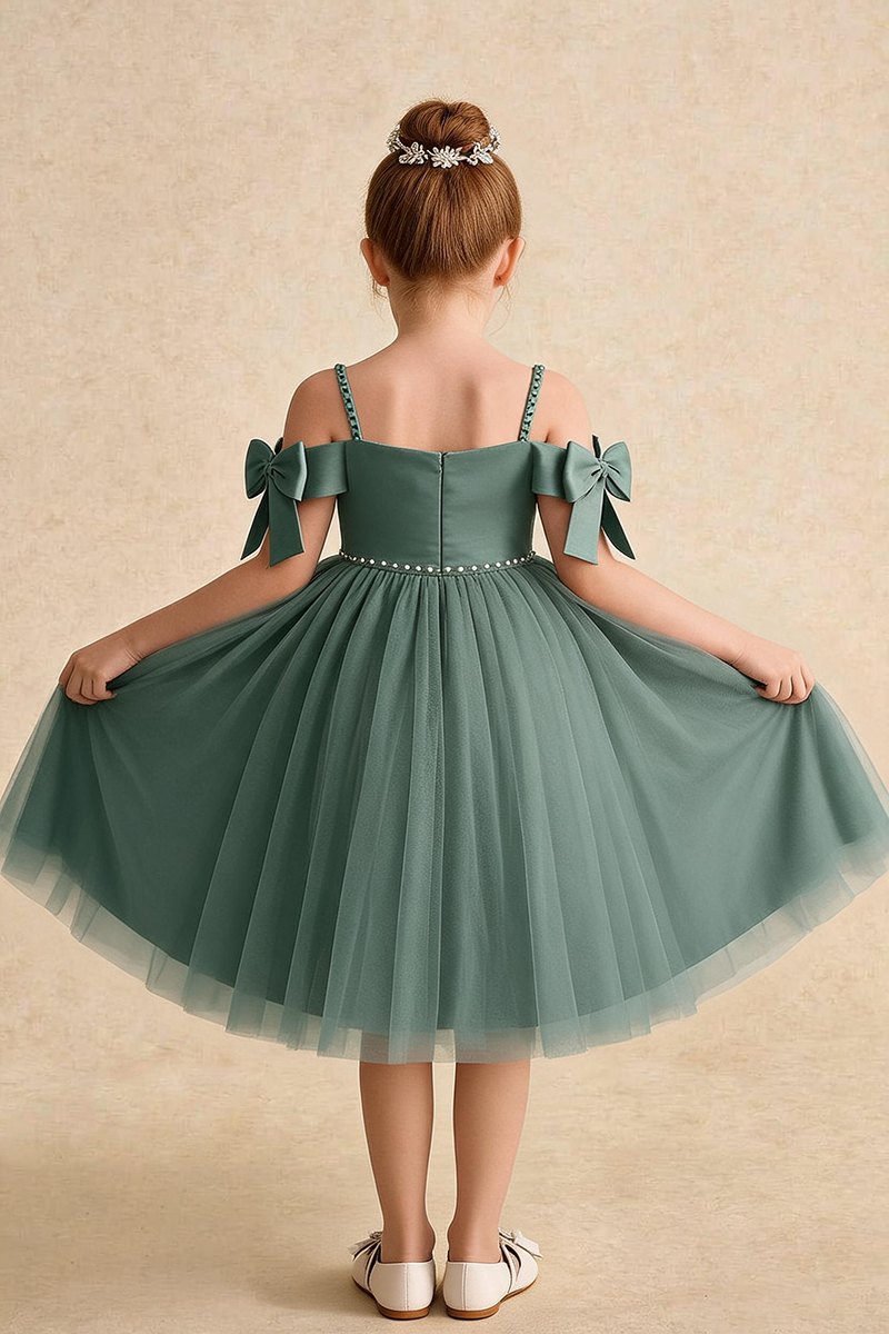 Girls Sage Green Off-Shoulder Tulle Dress with Bows for Weddings