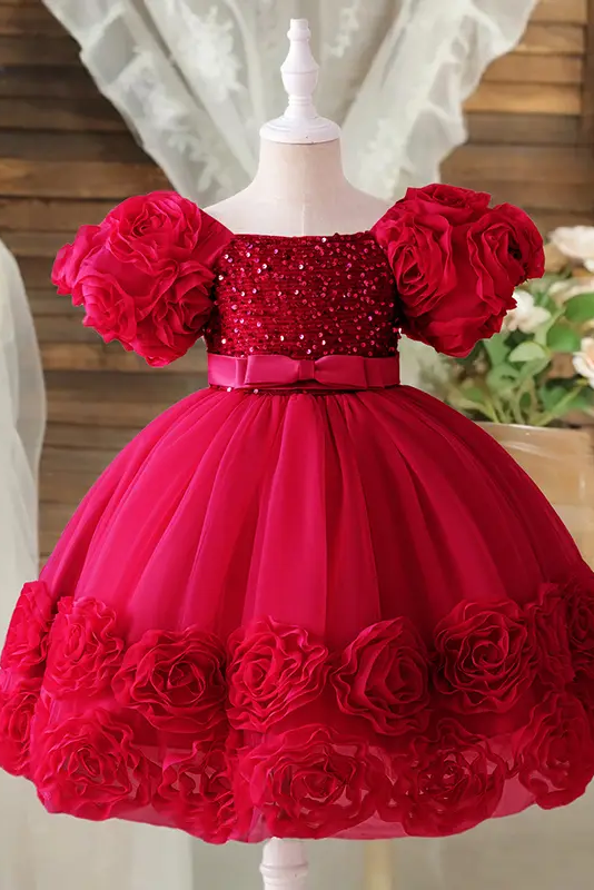 Pink Chiffon Sequin Bow and Flower Dress