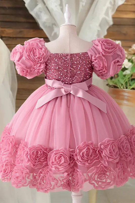 Pink Chiffon Sequin Bow and Flower Dress