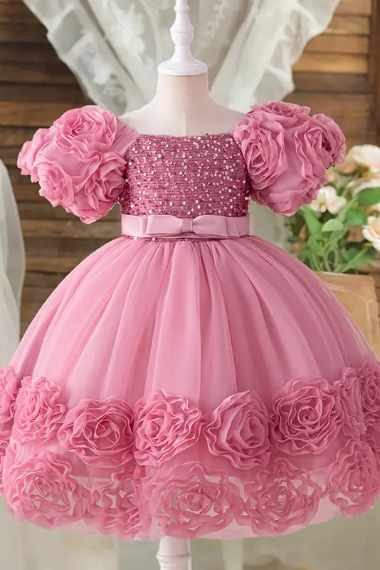 Pink Chiffon Sequin Bow and Flower Dress