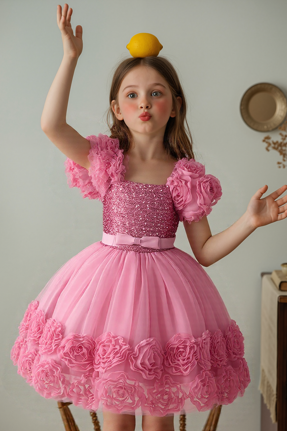 Pink Chiffon Sequin Bow and Flower Dress