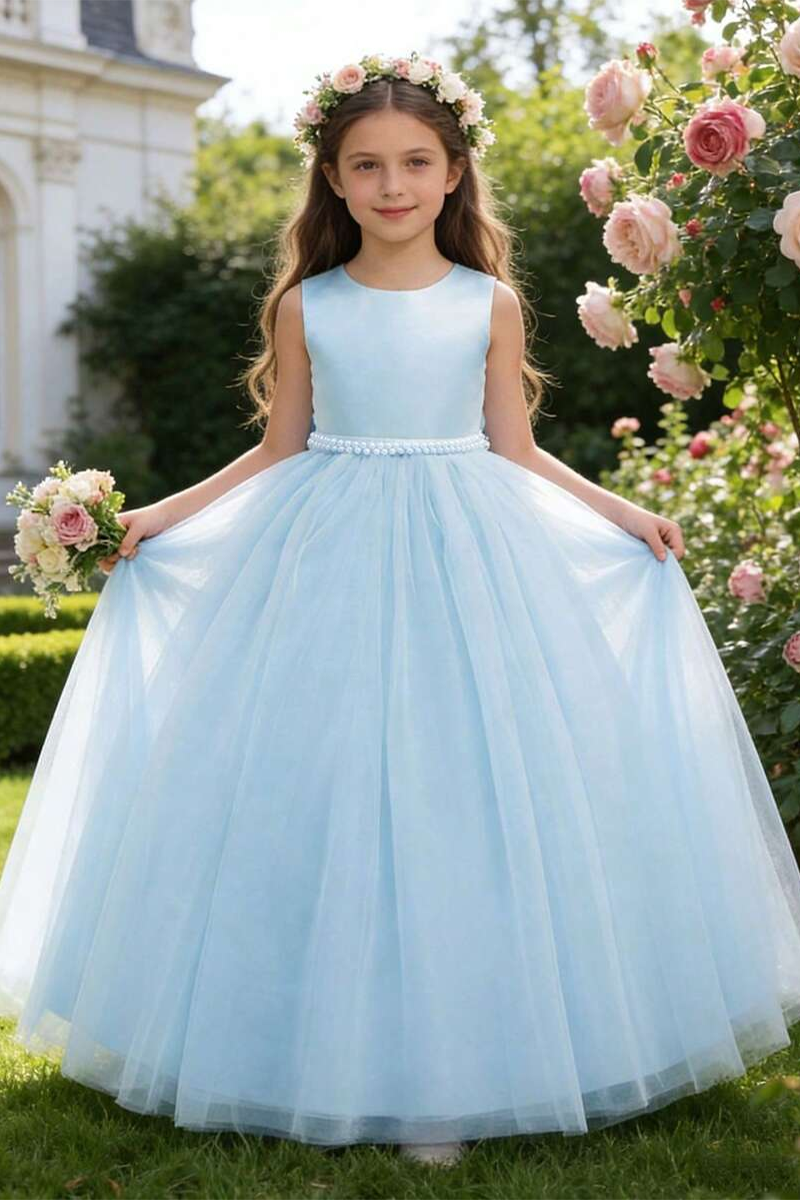 Girls Light Blue Satin & Tulle Ball Dredd with Pearl Waist for Weddings