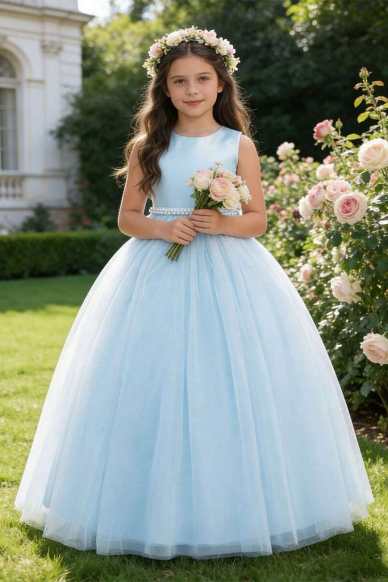 Girls Light Blue Satin & Tulle Ball Dredd with Pearl Waist for Weddings
