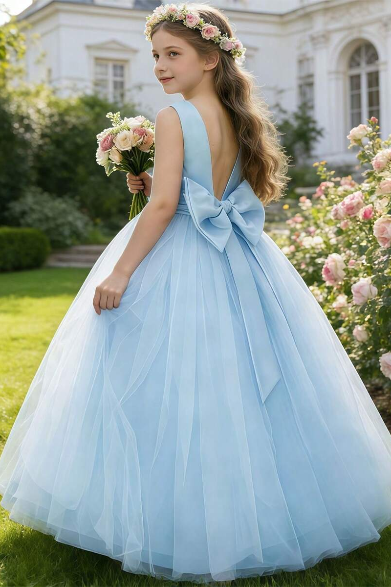 Girls Light Blue Satin & Tulle Ball Dredd with Pearl Waist for Weddings