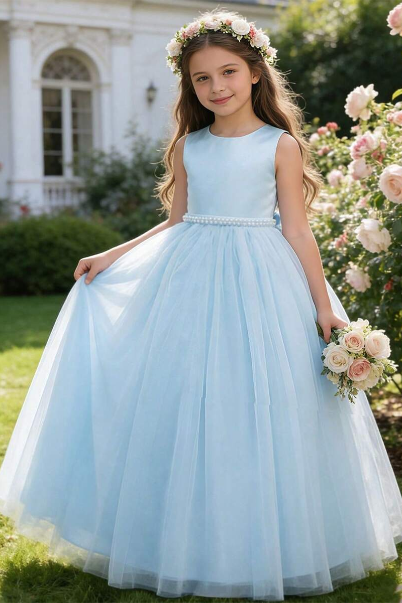 Girls Light Blue Satin & Tulle Ball Dredd with Pearl Waist for Weddings
