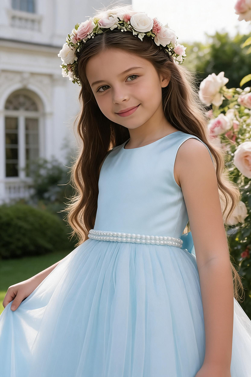Girls Light Blue Satin & Tulle Ball Dredd with Pearl Waist for Weddings