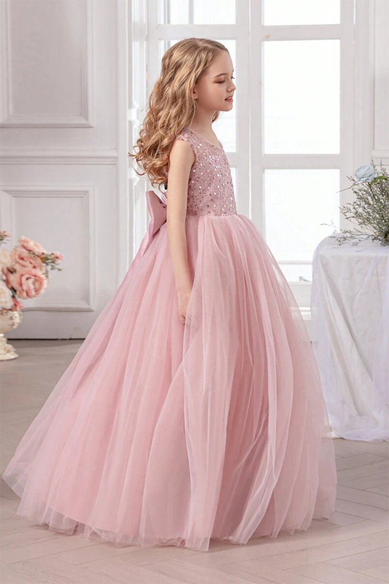Girls Blush Pink Sequin & Tulle Ball Dress with Bow for Weddings