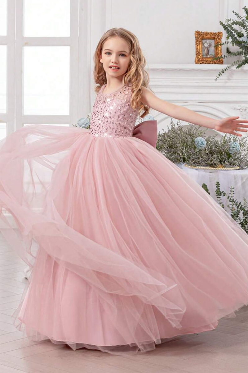 Girls Blush Pink Sequin & Tulle Ball Dress with Bow for Weddings