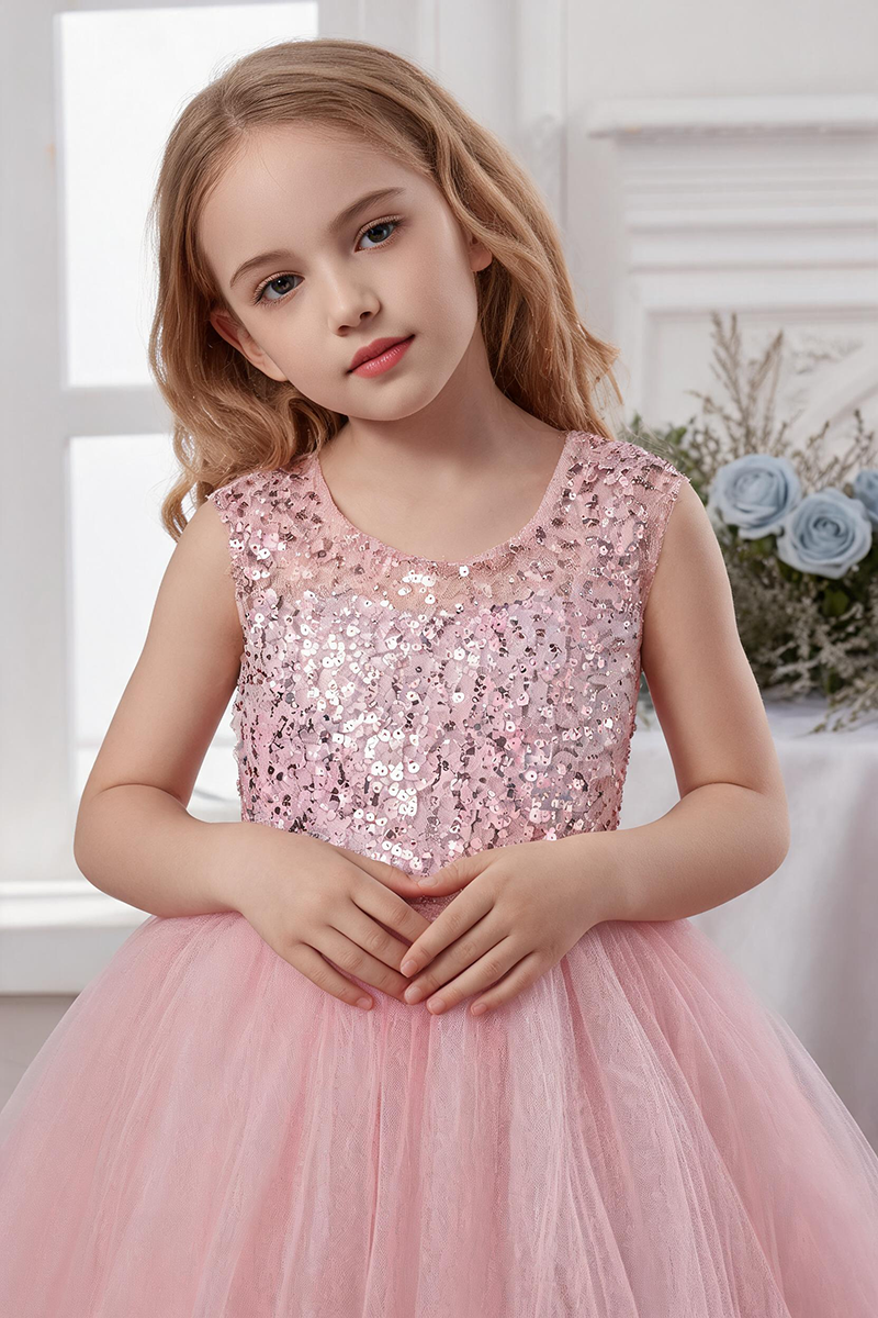 Girls Blush Pink Sequin & Tulle Ball Dress with Bow for Weddings