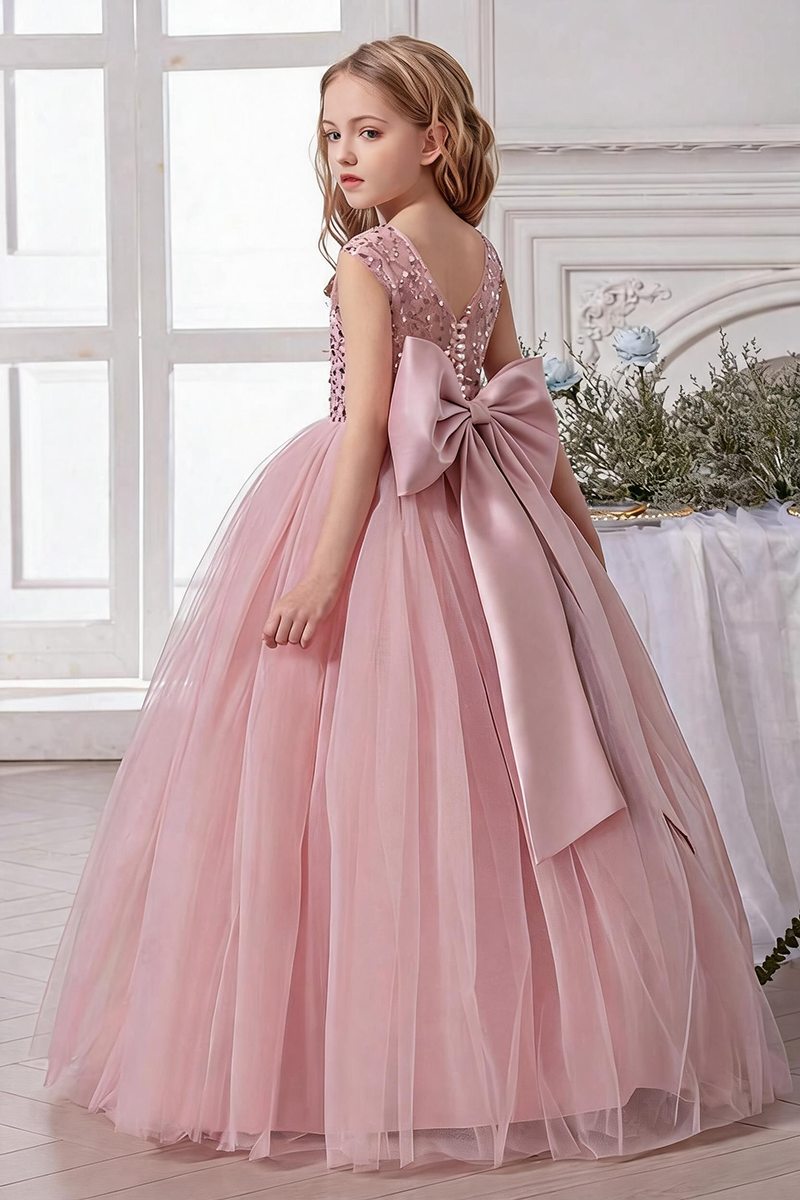 Girls Blush Pink Sequin & Tulle Ball Dress with Bow for Weddings