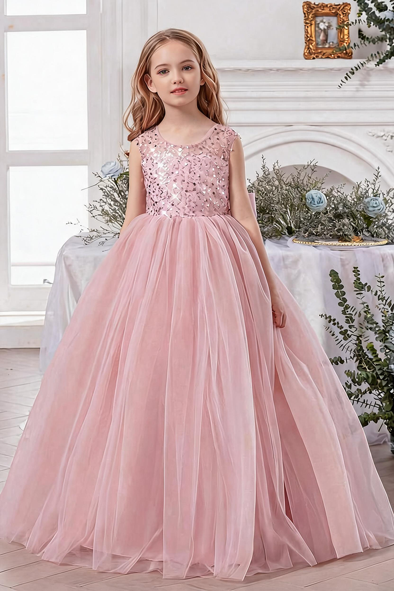 Girls Blush Pink Sequin & Tulle Ball Dress with Bow for Weddings