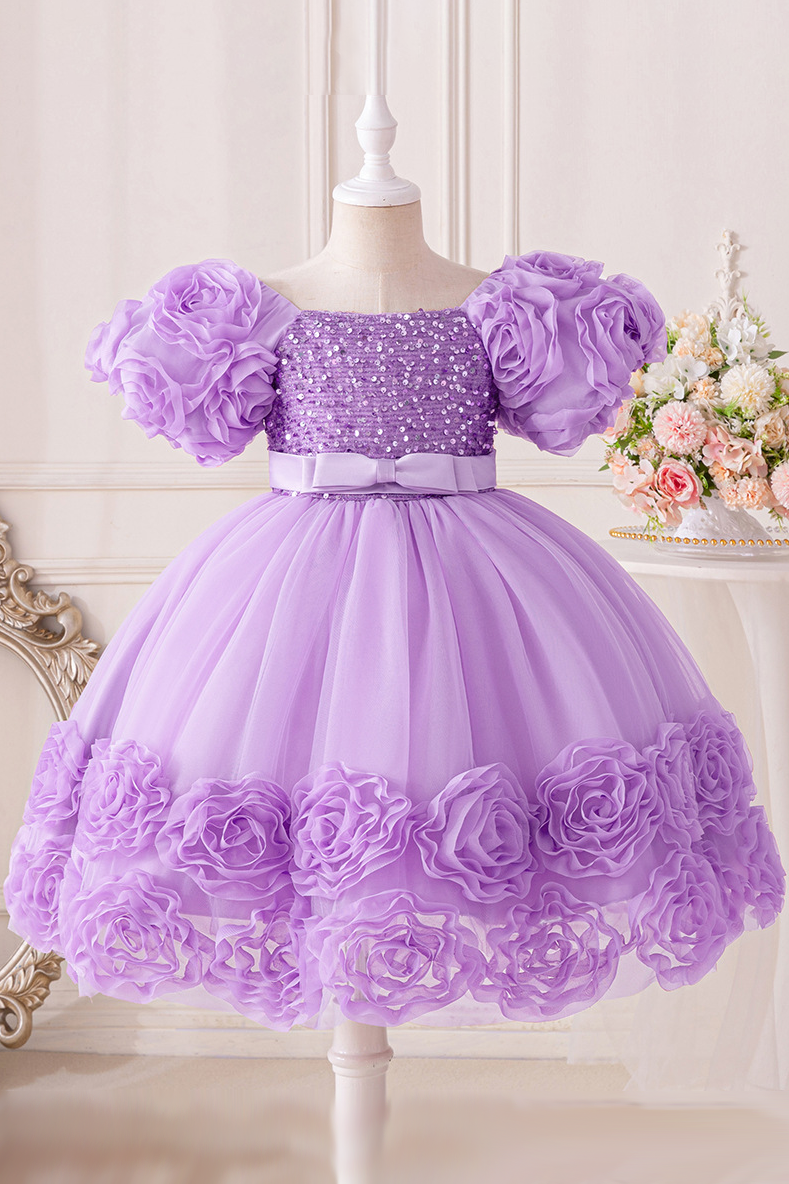 Pink Chiffon Sequin Bow and Flower Dress
